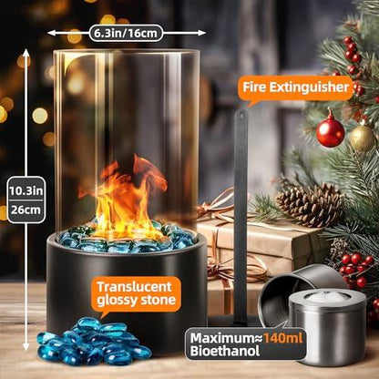 Eufrozy Small Tabletop Fire Pit Bowl with Glass, Mini Portable Table Top Rubbing Alcohol Fireplace Indoor, Smokeless Clean Burning Bio Ethanol for S'Mores/Apartment/Personal Flame/Outdoor/Patio/Black - CookCave