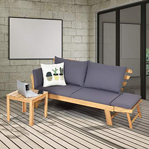 Tangkula Acacia Wood Patio Convertible Couch Sofa Bed with Adjustable Armrest, Outdoor Daybed with Cushion & Pillow, Folding Chaise Lounge Bench Ideal for Porch Courtyard Poolside (Dark Grey) - CookCave