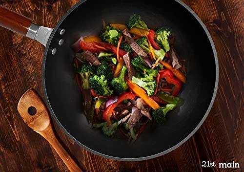 21st & Main Wok, Stir Fry Pan, Wooden Handle, 11 Inch, Lightweight Cast Iron, chef’s pan, pre-seasoned nonstick, for Chinese Japanese and other cooking - CookCave