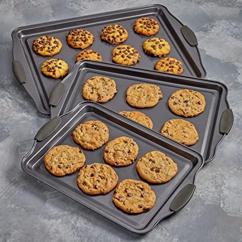 Non-Stick Baking Sheet Set 3 Pcs for Cookies & More, Heavy-Duty Aluminum Baking Sheets with Gray Silicone Handles - CookCave