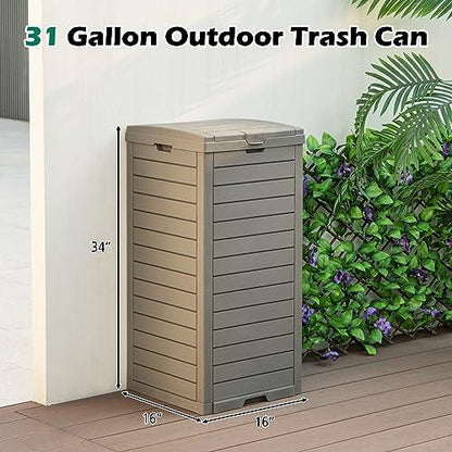 S AFSTAR 31 Gallon Outdoor Trash Can, Waterproof Garbage Can with Lid & Slidable Tray, 16” x 16” x 34” Large Resin Waste Bin for 33-40 Gal Trash Bag, Outside Trash Can for Patio Backyard Deck, Grey - CookCave
