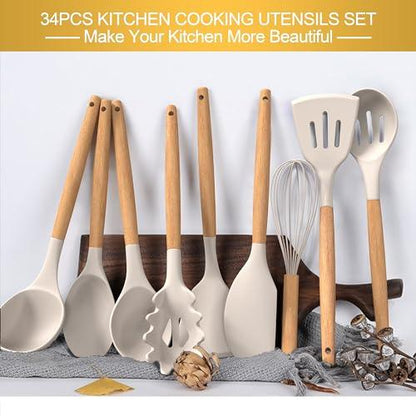 Silicone Cooking Utensils Set, 43Pcs Non-Stick Heat Resistant Kitchen Utensils Spatula Set with Wooden Handle for Baking, Cooking, and Mixing, Best Kitchen Gadgets Tools with Holder (Khaki) - CookCave