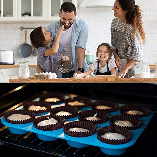 Silicone Muffin Pan Cupcake Set – Non-Stick 12 Cups and Mini 24 Cups,Silicone Baking Molds,BPA Free Muffin Tin with 1 Silicone Spatula & 1 Oil Brush (blue) - CookCave