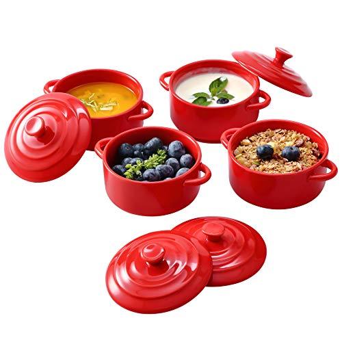 Bruntmor Soup Bowls Dinner Serving Ramekins 8.5 Oz Oven Safe Mini Cocotte Ceramic Ramekin For Baking, Mini Casserole with Lid, Souffle Dish, (Matte Red) - CookCave