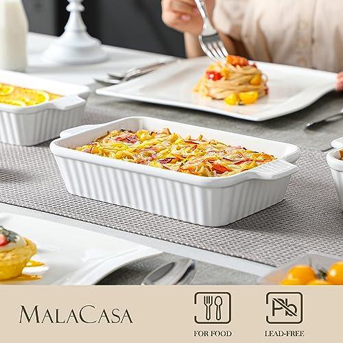 MALACASA Casserole Dishes for Oven, Porcelain Baking Dishes, Ceramic Bakeware Sets of 4, Rectangular Lasagna Pans Deep with Handles for Baking Cake Kitchen, White (9.4"/11.1"/12.2"/14.7"), Series - CookCave