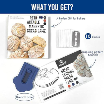 MEKER Bread Lame, Extractable Magnetic Dough Scoring Tool for Sourdough Bread Baking & Making, Includes Scoring Patterns Booklet and 10 Razor Blades, Blue - CookCave