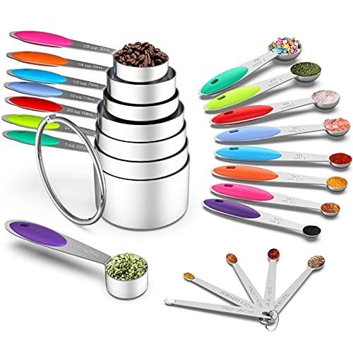 Measuring Cups & Spoons Set of 21 - Wildone Stainless Steel Measuring Cups and Spoons with Colored Silicone Handle, 8 Nesting Metal Cups, 8 Spoons & 5 Mini Spoons, for Dry and Liquid Ingredient - CookCave