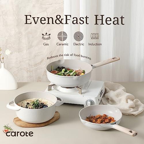 CAROTE 16pcs Pots and Pans Set Non Stick, Kitchen Cookware Sets, Large Capacity Granite Pots Set, Kitchen Induction Pots and Pans Cooking Sets, Beige - CookCave