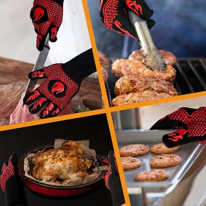 BBQ Fireproof Gloves, Grill Cut-Resistant Gloves 1472°F Heat Resistant Gloves, Non-Slip Silicone Oven Gloves, Kitchen Safe Cooking Gloves for Oven Mitts,Barbecue,Cooking, Frying,13.5 Inch-Red - CookCave