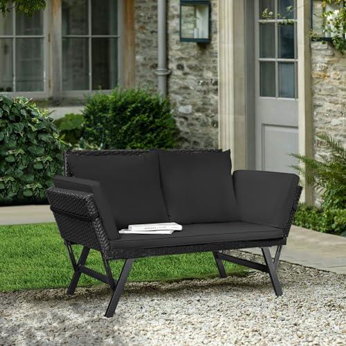 Greesum Outdoor Sofa, Woven Rattan Patio Furniture, Convertible Daybed or Double Chair with Adjustable Armrests, Cushions and Pillows for Yard, Porch, Pool, Black Lounger & Black Pillowcase - CookCave