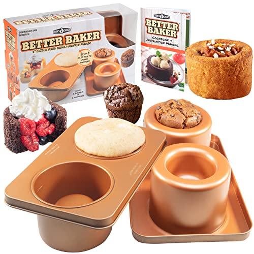 Cook's Choice 2-In-1 Better Baker Edible Food Bowl & Muffin Maker w Recipe Cookbook- Two 5" Bowls or Cupcakes- Double-Sided Stainless Steel Non-Stick Pan-Makes Breakfast, Lunch, Dinner & Dessert Bowls - CookCave