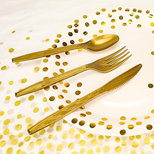 176 Pieces Gold Disposable Party Dinnerware Set &Golden Dot Disposable Party Dinnerware - Black Paper Plates Napkins Cups, Gold Plastic Forks Knives Spoons - CookCave