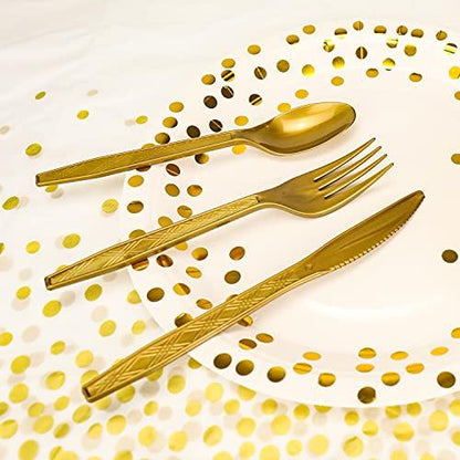 176 Pieces Gold Disposable Party Dinnerware Set &Golden Dot Disposable Party Dinnerware - Black Paper Plates Napkins Cups, Gold Plastic Forks Knives Spoons - CookCave