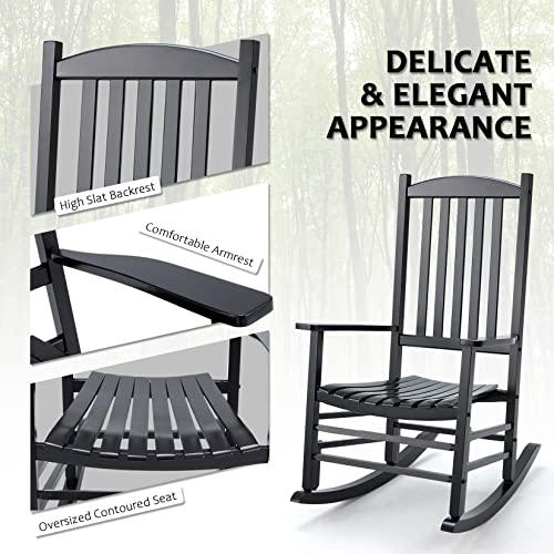 Hupmad Wooden Rocking Chair Rocker Outdoor Oversized Porch Rocker Chair,Patio Wooden Rocker with High Back and Armrest,All Weather Rocker Slatted for Backyard,Garden,400 lbs Support,Black - CookCave