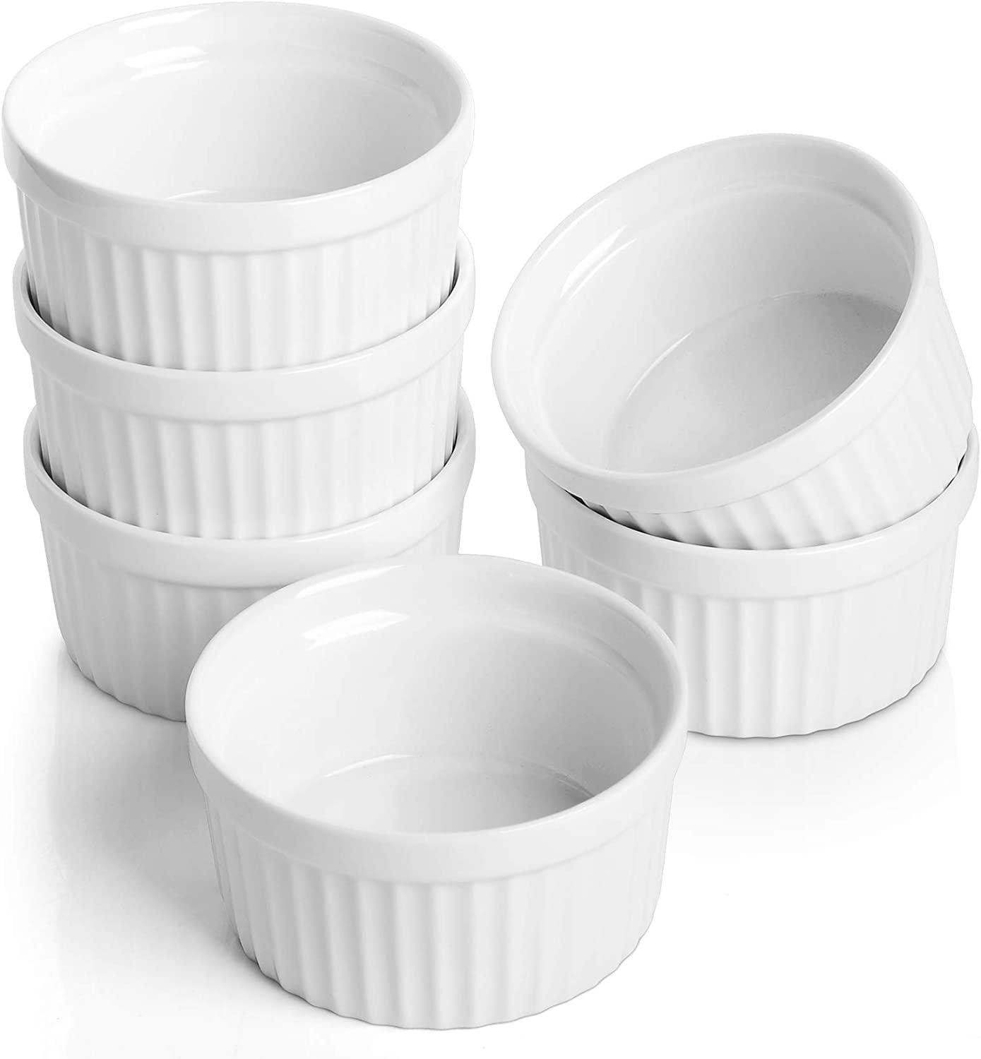 Samsle 6 oz Ramekins Set of 6, Porcelain Ramekins Dishes for Creme Brulee,Souffle, Lava Cakes, Pudding, Custard Cups for Baking and Dipping,Oven Safe, White 3.7 inch - CookCave