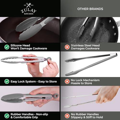 Zulay Kitchen Heat Resistant BBQ Kitchen Tongs Stainless Steel (9" & 12") - 2 Piece Non-Scratch Silicone Tip - Salad Tongs With Strong Grip for Grabbing Food - Easy Pull Lock - Silver/Gray - CookCave