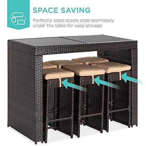 Best Choice Products 7-Piece Outdoor Wicker Bar Dining Set, Rattan Patio Furniture for Backyard, Garden w/Glass Table Top, 6 Stools, Removable Cushions - Brown/Beige - CookCave