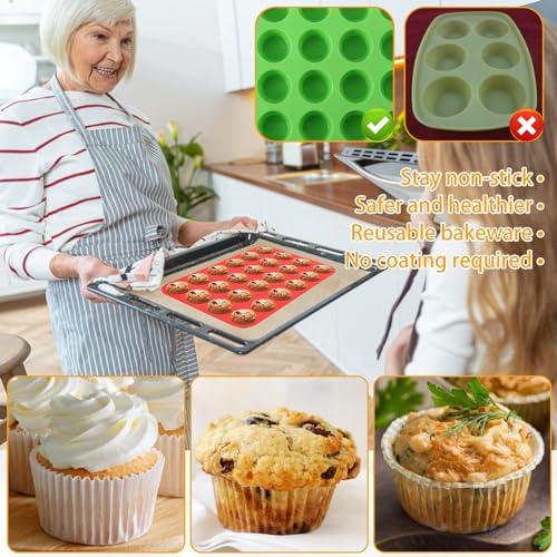 3 Pack Silicone Mini Muffin Pan 24 Cups, Muffin Cups for Baking,13" x 9" Mini Cupcake Pan Nonslip Anti Heat Cheesecake pans for Brownie Bread,Cakes,Chocolate,Jello,Tart (Green) - CookCave