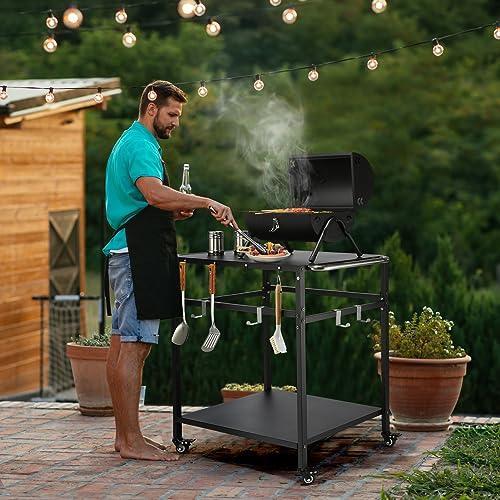 Outdoor Grill Table with Storage for Patio,Double-Shelf Movable Kitchen Cart Island Table on Wheels,20" x 30" Multifunctional Commercial Kitchen BBQ Food Prep Worktable for Grill (Double Layer Black) - CookCave