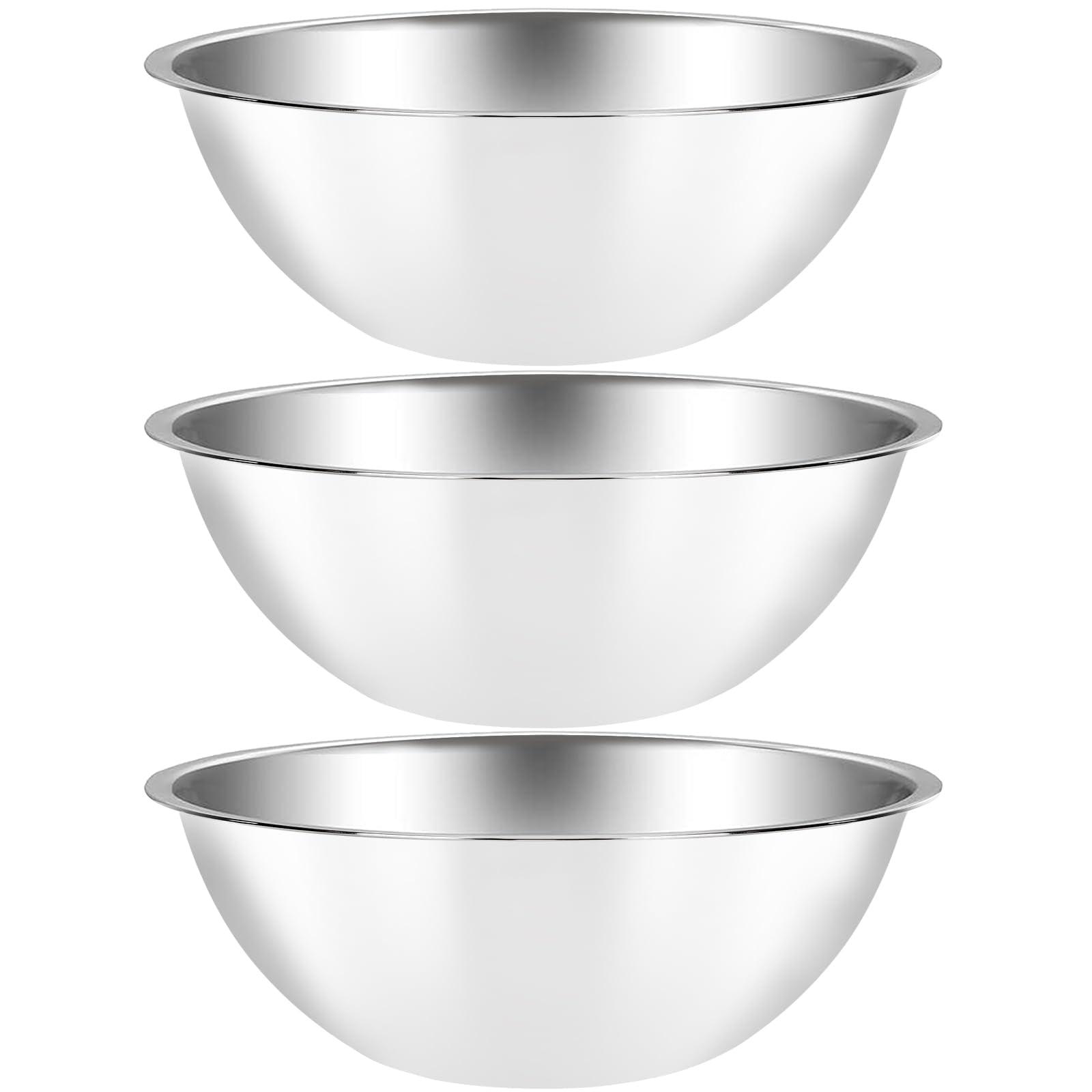 Suwimut 3 Pack Stainless Steel Mixing Bowls, 5 Quart Flat Base Stainless Steel Serving Bowls, 13 Inch Mirror Polish Large Metal Bowl Set for Kitchen Cooking, Baking, Prepping - CookCave