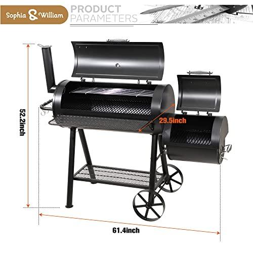 Sophia & William Heavy-Duty Charcoal Smoker Grills Extra Large Outdoor BBQ Gill with Offset Smoker, 941 SQ.IN. Cooking Area with Warming Tray,Push-out Ash Tray for Event Gathering, Black - CookCave