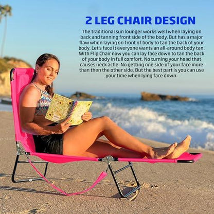 Lawn Chair Chaise Lounge 2 Legs Support Polyester Material Reclining Backrest Head Rest Pillow Great For Beach, Home, Backyard, Outdoor, Patio, Pool, Camping, Lawn or Deck Color PINK - CookCave