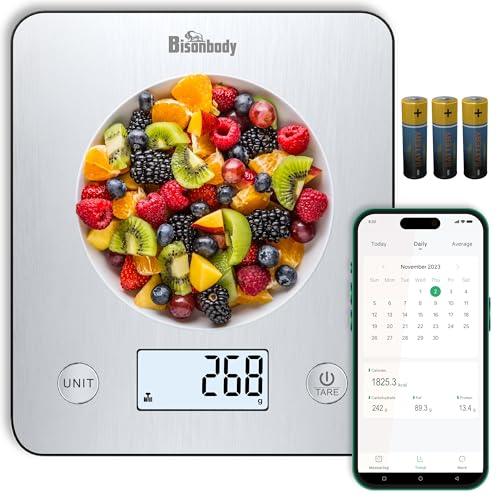 Bisonbody Digital Food Kitchen Scale with Smart App – Large Kitchen Scale with 201 Stainless Steel Surface 5 Unit Conversions Tare Function – Digital Kitchen Scale App to Track Nutritional Information - CookCave