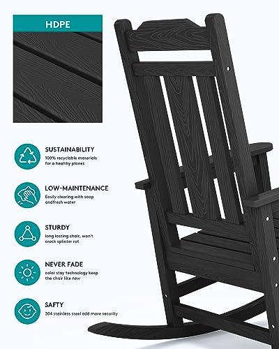 SERWALL Outdoor Rocking Chair, All Weather Resistant Patio Rocking Chair, HDPE Poly Rocking Chair for Adults, Heavy Duty Front Porch Rocker, Black - CookCave