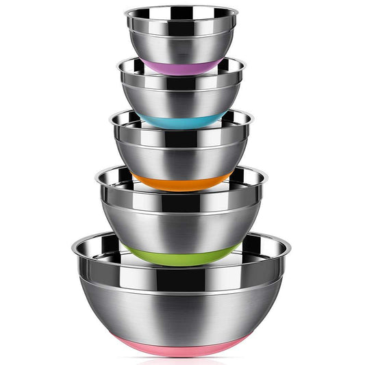 REGILLER Stainless Steel Mixing Bowls (Set of 5), Non Slip Colorful Silicone Bottom Nesting Storage Bowls, Polished Mirror Finish For Healthy Meal Mixing and Prepping 1.5-2 - 2.5-3.5 - 7QT (Colorful) - CookCave