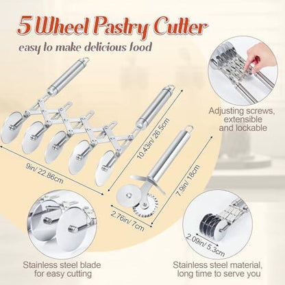 Gisafai 3 Pcs Pastry Cutter Set 5 Wheel Adjustable Pizza Slicer Stainless Pastry Lattice Roller Slicer Dual Ravioli Cutter Dough Pastry Cutter for Christmas Kitchen Pizza Noodle Cutter Pasta Maker - CookCave