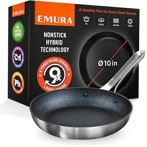 Emura nonstick frying pan | 10 inch professional cookware aluminum non stick coating skillet | Durable PFOA and PTFE free, scratch resistant, induction & oven safe cooking | All stovetops, easy clean - CookCave