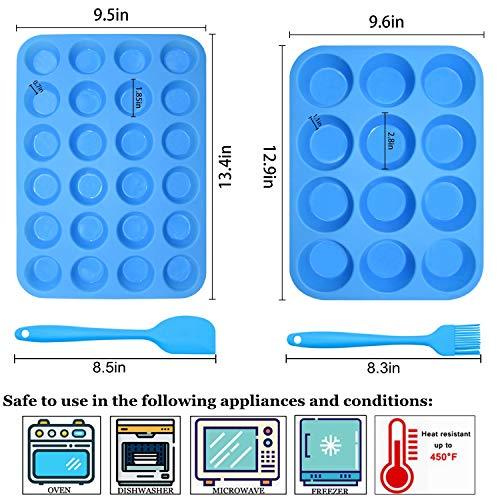 Silicone Muffin Pan Cupcake Set – Non-Stick 12 Cups and Mini 24 Cups,Silicone Baking Molds,BPA Free Muffin Tin with 1 Silicone Spatula & 1 Oil Brush (blue) - CookCave