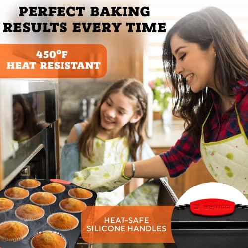 Premium Non-Stick Baking Pans Set of 4 - Includes Baking Sheet, 12 Cup Muffin Tin, Square Pan and Round Cake Pan - BPA Free, Heavy Duty, made w/Carbon Steel - Complete Bakeware Set for Your Kitchen - CookCave