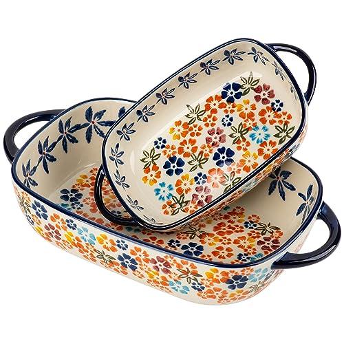 ONECCI Retro pastoral style Ceramic Baking Dish Rectangular Bakeware Set Baking Pan, 2-piece Hand-painted Porcelain Baking pan with handle, Casserole Dish for Oven/Cooking/Kitchen (Colorful Flower) - CookCave