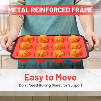 CAKETIME Small Muffin Pan, Silicone Cupcake Pan Metal Reinforced Frame Easy to Handle 12 Cups Nonstick - CookCave