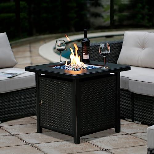 BALI OUTDOORS 28 Inch Propane Fire Pit Table, Rattan & Wicker-Look 50,000 BTU Gas Firepits with Blue Fire Glass for Outside Patio and Garden - CookCave