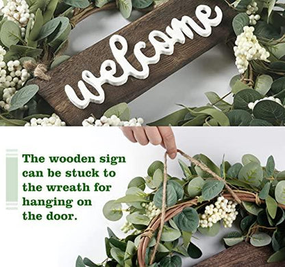 Sggvecsy Green Artificial Eucalyptus Wreath with Welcome Sign 20in Spring Summer Wreath with White Berries for Front Door Wall Window Festival Farmhouse Porch Patio Garden Decor - CookCave