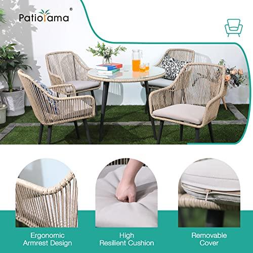 Patiorama 5-Piece Patio Dining Set, Outdoor Dining Table Chair Set, All-Weather Twisted Rattan Wicker Rope Conversation Set, Patio Furniture Set w/Umbrella Hole, 4 Cushioned Chairs&Glass Table(Tan) - CookCave