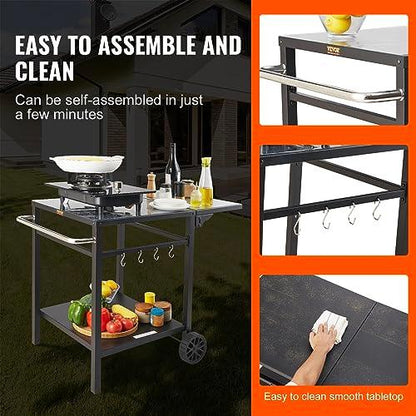 VEVOR Outdoor Grill Dining Cart with Double-Shelf, BBQ Movable Food Prep Table, Multifunctional Foldable Iron Table Top, Portable Modular Carts for Pizza Oven, Worktable with 2 Wheels, Carry Handle - CookCave