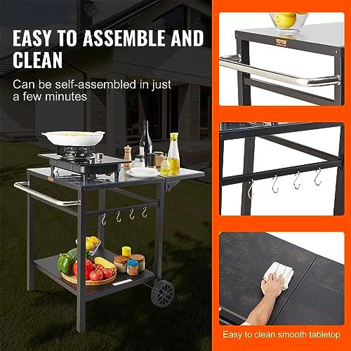 VEVOR Outdoor Grill Dining Cart with Double-Shelf, BBQ Movable Food Prep Table, Multifunctional Foldable Iron Table Top, Portable Modular Carts for Pizza Oven, Worktable with 2 Wheels, Carry Handle - CookCave