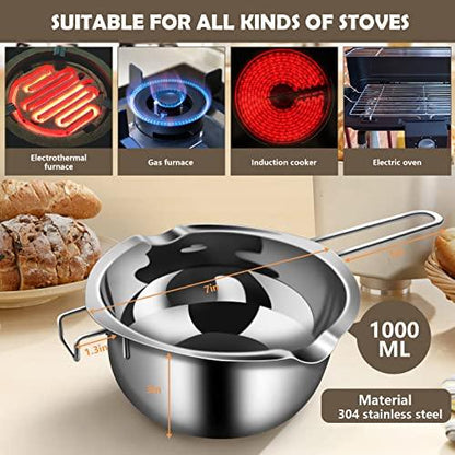 Artcome 5pcs Double Boiler Melting Pot Set - 600ML/0.6QT and 1000ML/1QT Chocolate Stainless Steel Melting Pot, Decorating Spoons, Silicone Spatula and Dipping Tool for Melting Chocolate, Candy, Soap - CookCave