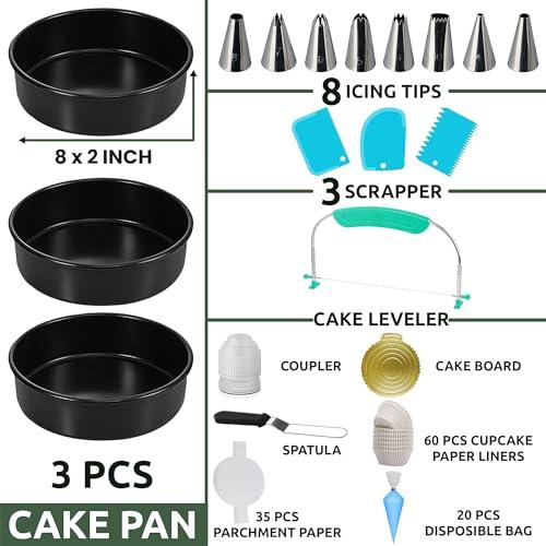 RFAQK 133PCs Round Cake Pans Sets for Baking + Cake Decorating Supplies - 3 Non-Stick 8 Inch Cake Pan with Baking Supplies, Piping Tips, Cake Leveler, Icing Spatula and 35 Parchment Papers with eBook - CookCave