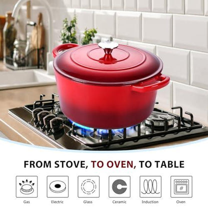 E-far Enameled Cast Iron Dutch Oven with Lid, 6 Quart Round Dutch Oven Pot Nonstick Cookware for Braising, Stews, Roasting, Bread Baking, Cooking, Heavy Duty, Induction & Oven Safe - Red - CookCave