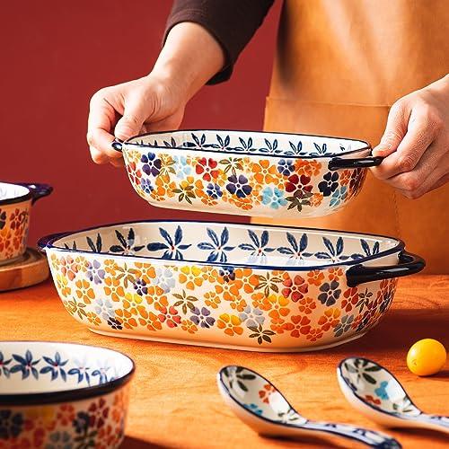 ONECCI Retro pastoral style Ceramic Baking Dish Rectangular Bakeware Set Baking Pan, 2-piece Hand-painted Porcelain Baking pan with handle, Casserole Dish for Oven/Cooking/Kitchen (Colorful Flower) - CookCave