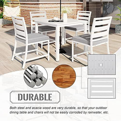 EMKK 5-Piece Indoor Outdoor Wicker Dining Set Furniture for Patio, Backyard w/Square Glass Tabletop, Umbrella Cutout, 4 Chairs, H-White - CookCave