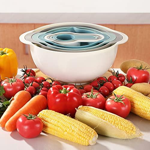 Lccowot 8PCS Mixing Bowls, Plastic Mixing Bowl Set, includes 2 Mixing Bowl, 1 Colander, 1 Sifter and 4 Measuring Cups, Space Saving Nesting Mixing Bowls for Kitchen, Ideal for Baking and Cooking - CookCave