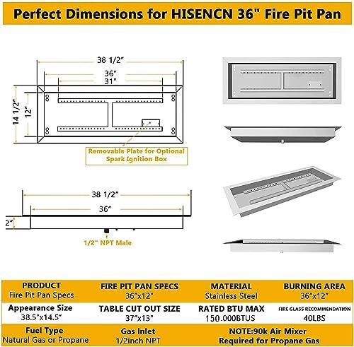 Hisencn Drop-in Fire Pit Kit 36 x 12 Inch, Fire Pit Insert H Burner with Spark Ignition and Propane Hose Kit for Propane Fire Pit, Fire Table Insert, Indoor or Outdoor Decorative Fireplace - CookCave