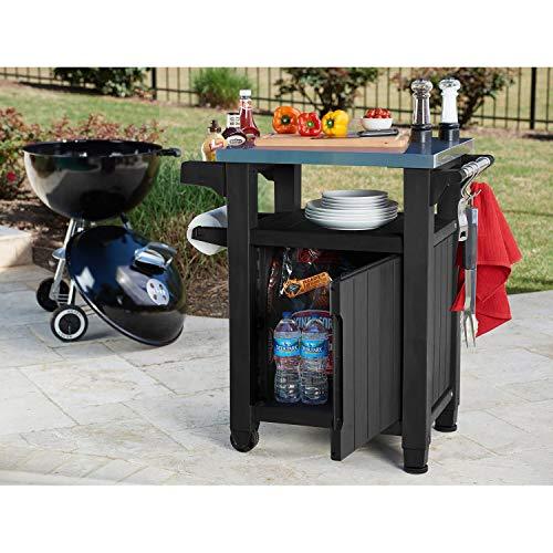 Keter Unity 40 Gallon Portable Weatherproof Outdoor Grill Table Cart with Stainless Steel Countertop, Hook Storage Hangers, and Sidebars, Gray - CookCave