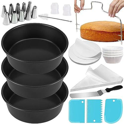 171Pcs Round Cake Pans Sets for Baking, Nonstick 8 Inch Cake Pan Set of 3 with Baking Supplies, Cake Decorating Supplies Kit, Cake Leveler, Icing Tips, Piping Bags, Spatula, and Baking Pans Set - CookCave