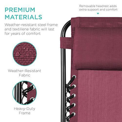 Best Choice Products Set of 2 Adjustable Steel Mesh Zero Gravity Lounge Chair Recliners w/Pillows and Cup Holder Trays - Burgundy - CookCave